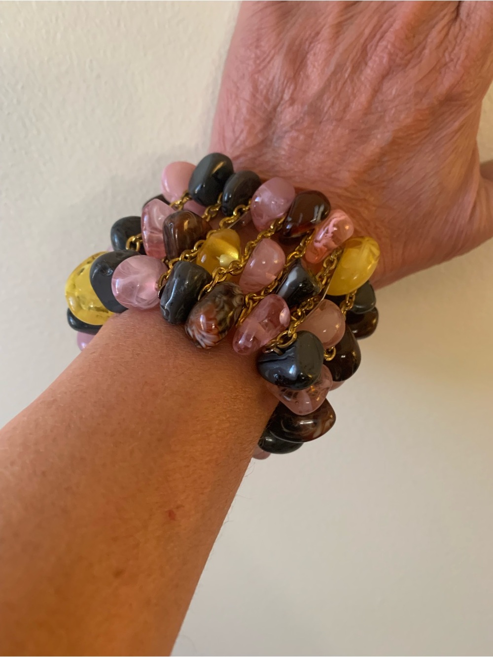 Multicolor Glass Bead Stretch Bracelet - Pink, Yellow, Black